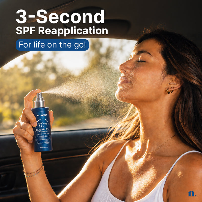 SPF 50+ PA++++ Sunscreen Spray | Numour Dewy Mist & Go 50 ml | In-Vivo Tested Sunscreen for Face & Body | SPF 70 Protection
