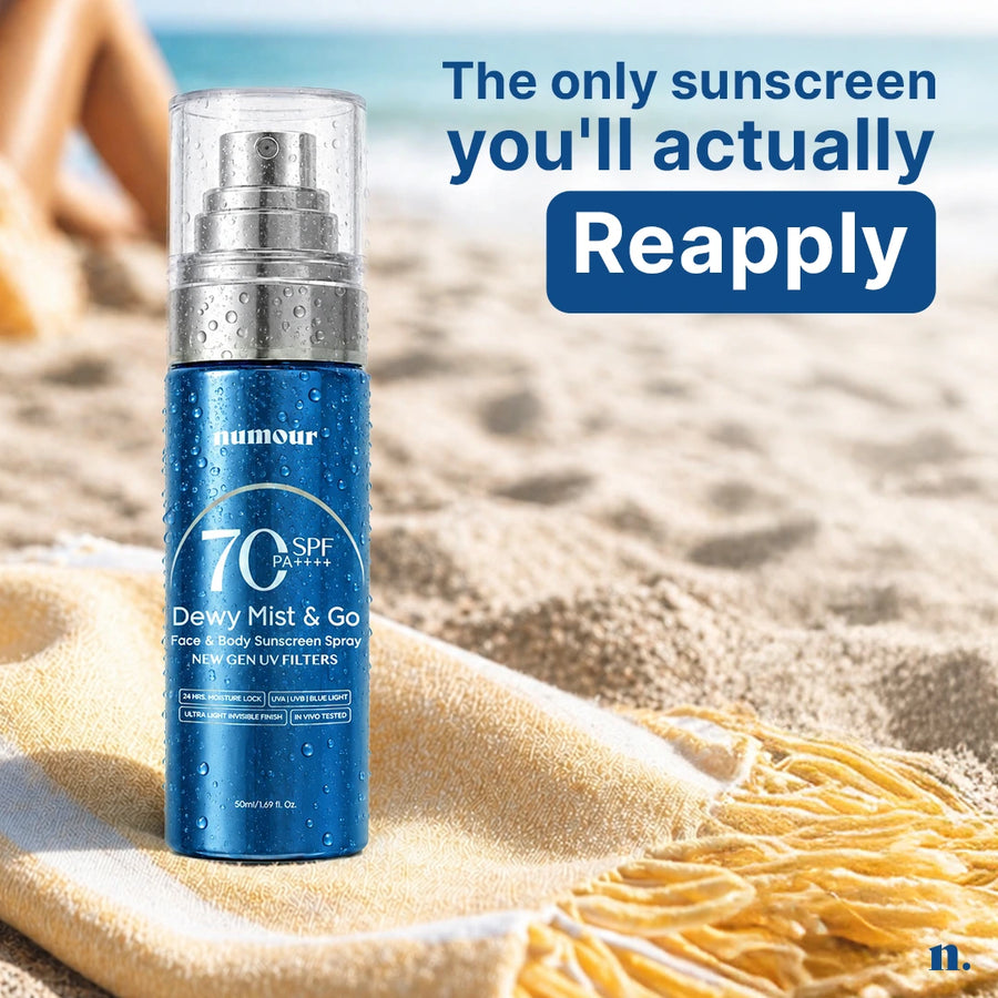 SPF 50+ PA++++ Sunscreen Spray | Numour Dewy Mist & Go 50 ml | In-Vivo Tested Sunscreen for Face & Body | SPF 70 Protection